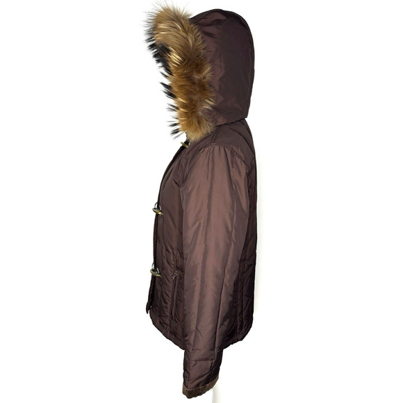 Dana Buchman Brown Down Filled Puffer Jacket Genuine Fur Lined Hooded Size Small - Picture 2 of 15